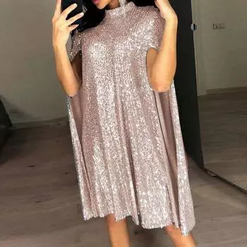 European and American Fashion Style Halterneck Stand Collar Slimming Shawl Sleeve Dress Glitter Birthday Dinner Party Dinner Suit Rose Gold 2XL