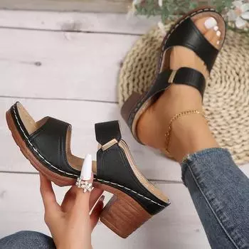 European and American fashion thick high-heeled cool slippers summer new foreign trade large size one-word slippers fashionable and sexy high heels 36