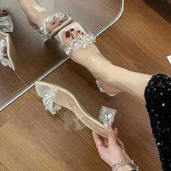 European and American foreign trade 2025 summer new large size solid color outer wear versatile square head crystal women s thick heel cool slippers 35