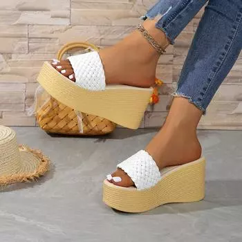 European and American foreign trade knitting word with muffin slippers women s large size outer wear slope heel beach cool slippers wish independent s 34