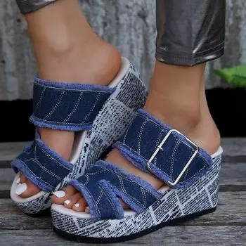European and American foreign trade large size one-word buckle high-heeled slippers women s slope heel thick-bottomed cloth surface beach cool slipper 36 синий