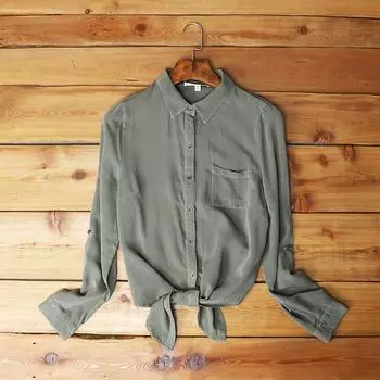 European and American Foreign Trade Long-Sleeved Silky Denim Shirt Greyish green Size S