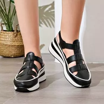 European and American foreign trade summer thick-soled bag head Roman sandals women s hollow soft leather wedge heel Velcro beach cool slippers 36