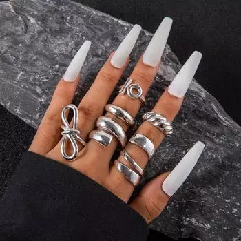 European and American geometric curved irregular opening rings Vintage personality creative bow ring six-piece set