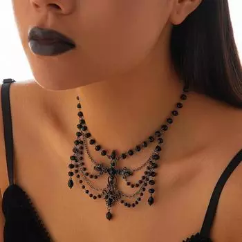 European and American Gothic Style Dark Cross Necklace, Actress Beaded Fringed Collar Necklace