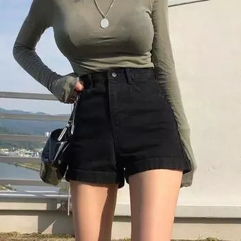 European and American Gyaru Retro High Waist Demin shorts Women Summer Thin Plus size Design Slimming A Word Sheath Hot Pants Black [regular shorts]] S