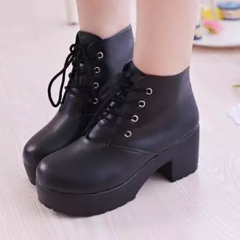 European and American High Heels 2024 New High Top Leather Boots Platform Knight Lace Up Fashion Women s Boots Platform Trafza 35 чёрный