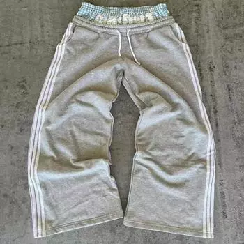 European and American hip-hop street Y2K double waisted casual sports style fashionable and personalized men s and women s pants M серый