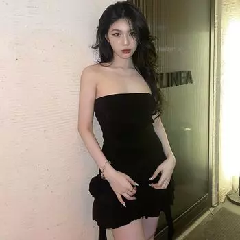 European and American Ins Fashion Gyaru Frill Ribbon Wrap-around Dress Flower A- line Skirt Royal Sister Temperament Banquet Formal Dress Black S