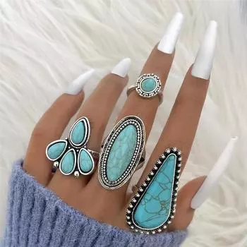 European and American jewelry, ethnic style vintage petal-inlaid turquoise ring, versatile geometric joint ring four-piece set