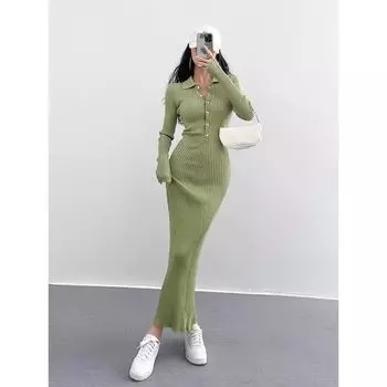 European and American Knitted dress Women s Long-Sleeved Spring and Autumn Small Slim fit Sweater Inner wear Fishtail Baby MoM Hip Skirt Green (high quality version) S