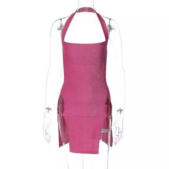European and American Lace up Open Back Fashion Low-Cut Slim Fit Dress Rose Red S