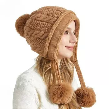 European and American Ladies Winter Thickened Ear Protection Three-pile Rabbit Fur Knitted Hat Outdoor Cycling Face Protection Warm Hat M56-58cm чёрный