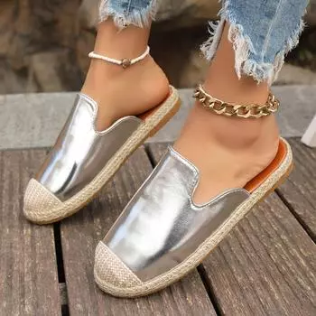 European and American large-size color matching 2024 summer new round head thick bottom fashion casual half-bag head women s cool slippers 36 серебряный