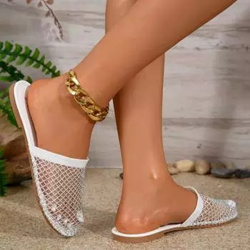 European and American large-size diamond-encrusted 2024 summer new round head hollow mesh fashion bag head women s thick-soled slippers 36 золотой