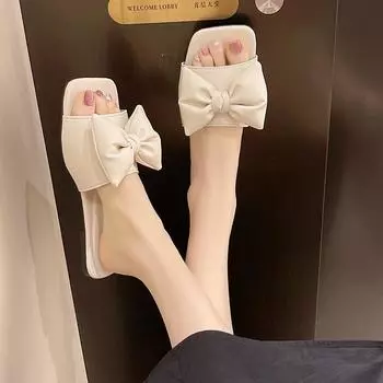 European and American large size solid color 2025 summer new square head fashion bow one-word women s thick bottom sandals 36 хаки
