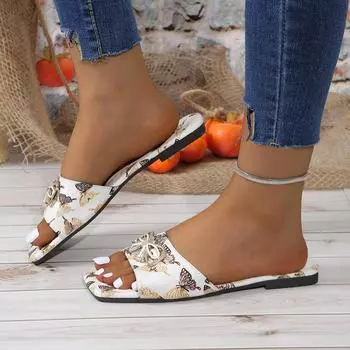 European and American large size solid color 2024 summer new square head fashion casual outer wear one-character thick bottom sandals women 36 белый