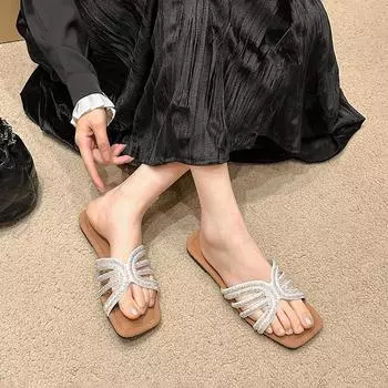 European and American large-size solid color 2024 summer new rhinestone square head one-word fashion style women s thick-bottomed sandals 35 чёрный