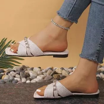 European and American large-size solid color summer 2025 new fashion square head cross one-word women s thick-bottomed sandals 36 бежевый