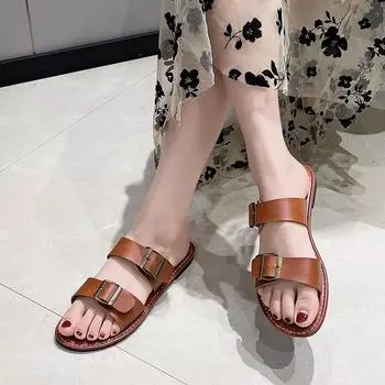 European and American large size solid color 2024 summer new round head belt buckle fashionable versatile women s one-character sandals 36 чёрный