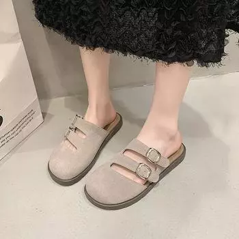 European and American large size solid color 2024 summer new round head thick bottom fashion casual belt buckle bag head sandals women 35 хаки