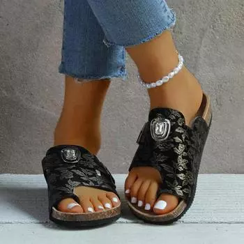 European and American large size solid color 2024 summer new set of toe belt buckle round head fashion style women s thick-soled slippers 35 чёрный