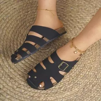 European and American large size solid color 2024 summer new round head thick bottom fashion casual belt buckle bag head sandals women 35 хаки