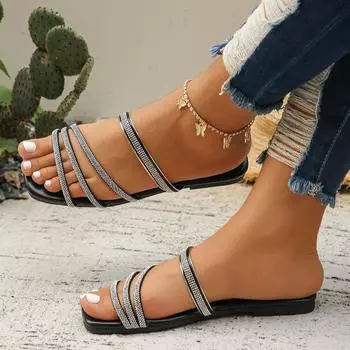European and American large size solid color 2024 summer new square head rhinestone fashion women s one-word thick-soled slippers 43 35 чёрный