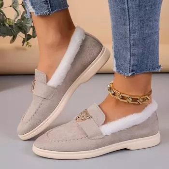 Европейские и американские женские туфли большого размера из бархата 2024 осень и зима новые с круглым носком на плоской подошве закрывающие ногу лоферы «Мао Мао» с открытым верхом 36 светло-серый