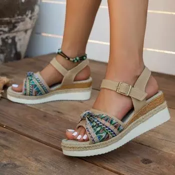 European and American large-size wedge heel sandals women s new fish mouth bow one-word buckle comfortable platform sandals in the summer of 2024 36 чёрный
