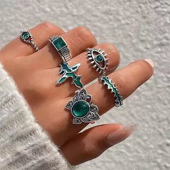 European and American light luxury jewelry creative green diamond-encrusted serpentine ring 6-piece set vintage emerald zircon joint ring