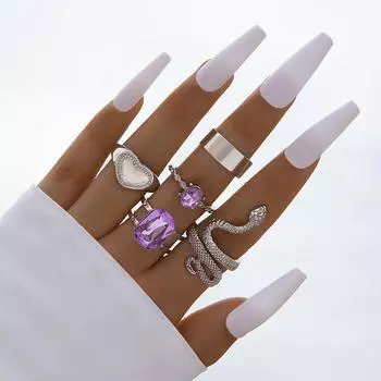 European and American light luxury jewelry purple diamond-set love eight-piece ring Peach heart snake-shaped multi-piece ring