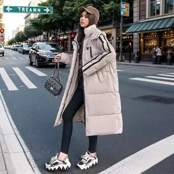 European and American medium and long cotton-padded clothes for women s winter new hooded thickened women s cotton-padded clothes M чёрный