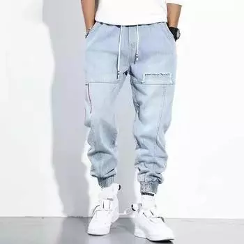 European And American Men s Distressed Printed Jeans With Patch Elastic Small Leg Jeans L светло-синий