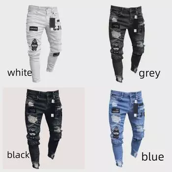 European and American Men s Ripped Badge Skinny Jeans
