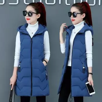European and American mid-length down cotton vest women s autumn and winter new hooded cotton vest warm vest shoulders M белый