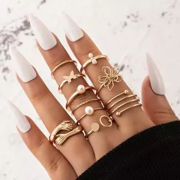 European and American New Boho Butterfly Ring Set Geometric Simple Hollow Nine Piece Ring Set