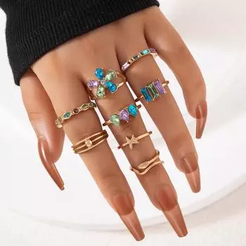 European and American new light luxury OL colored diamond flower ring set geometric snake-shaped scallop eight piece ring set for women