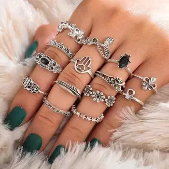 European and American new popular women s ring fashion personality antique silver forest vine leaf flower ring four-piece set