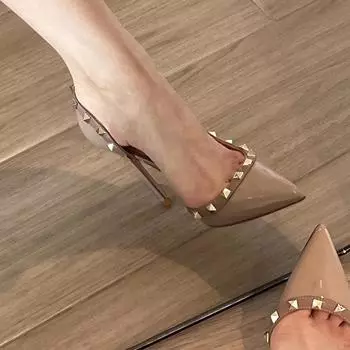 European and American new shallow mouth pointed head rivet high heels women s thin heel patent leather nude sexy commuting side empty willow 35