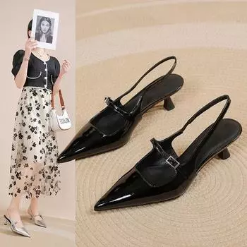 European and American pointed high-heeled sandals women s summer fashion simple and thin heel with empty sandals high-heeled work shoes 35 чёрный