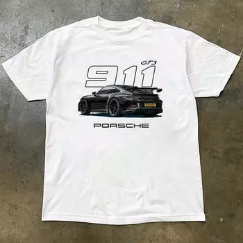 European and American pure cotton Y2K heavyweight GT3 sports car 911 short-sleeved high street trend ins versatile personalized top for men and women S 160cm/60-50kg чёрный