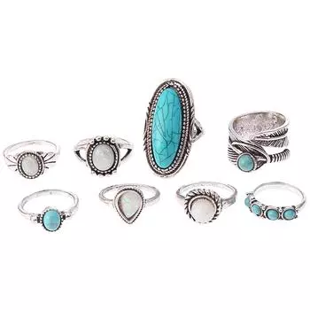 European And American Retro Fashion Australian Treasure Ring Set With Turquoise Eight Piece Bracelet One Size