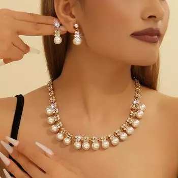 European and American Retro Necklace Set Women s Jewelry Rhinestone Imitation Pearl Exaggerated Jewelry Bridal Wedding Accessories