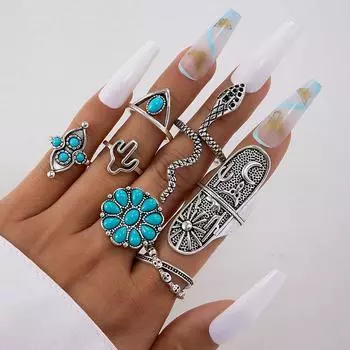 European and American retro style imitation turquoise ring design sense flower leaf eagle geometric joint ring set for women