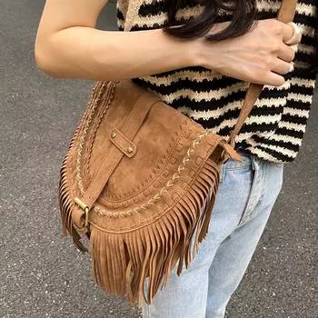 European and American Retro Tassel Bag Imitation Suede Saddle Bag Fashionable and Versatile One-shoulder Oblique Women s Bag