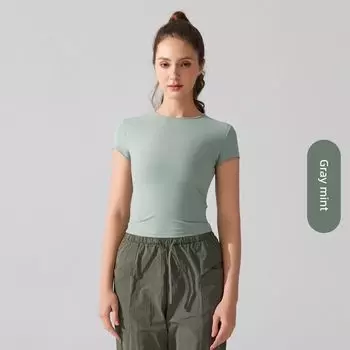 European and American round Neck Blazer Short sleeve Breathable Quick-Drying Yoga T-shirt Waist Hugging Slim fit Running Fitness Vest Top Gray mint M