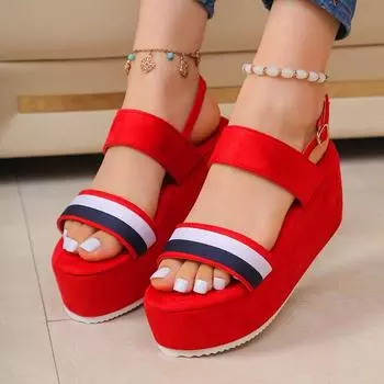 Европейские и американские сандалии женские маффин на толстой подошве летние новые импортные босоножки большого размера с пряжкой в форме рыбьего рта на танкетке в тон 36 тёмно-синий