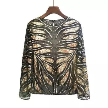 European and American Sequins Loose-Fitting round Neck Long Sleeve Heavy Industry Beads Black XXL(Suggested 60.00 kg-64.00 kg)