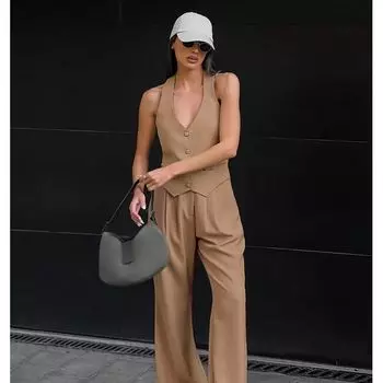 European and American Sexy Backless Halter Top Trousers Set Hanging Neck Vest and Pants Set Brown M
